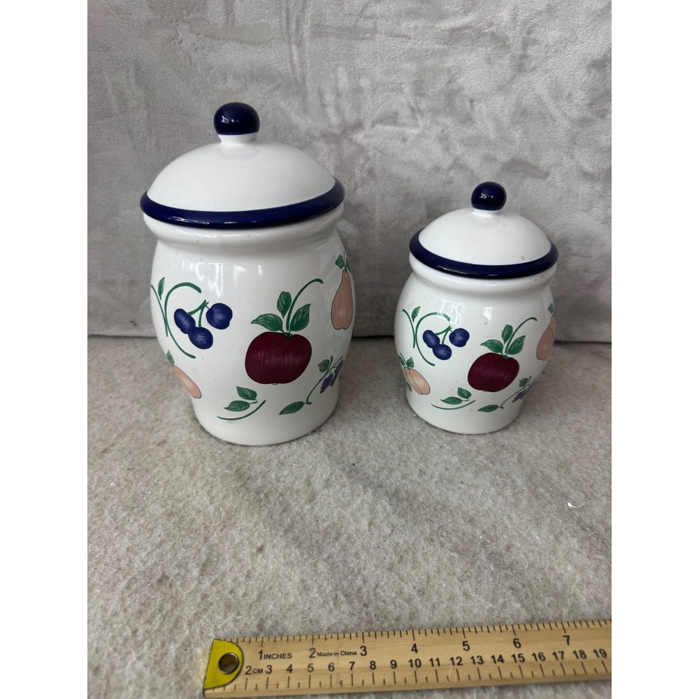 Princess House Orchard Medley Ceramic Canister Set 2pc Fruit Motif Blue Trim